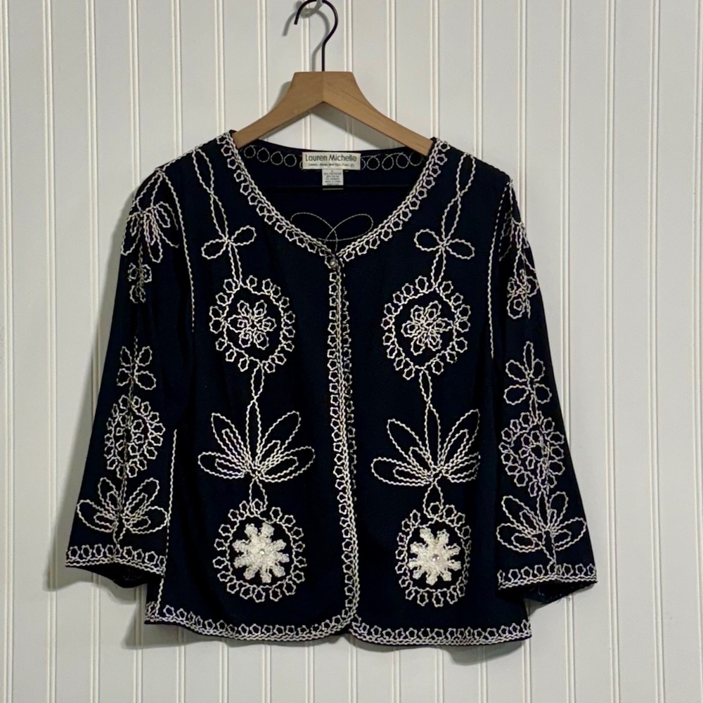 Lauren Michelle L Black White Embroidered Cardigan Jacket 90s Folk Academic